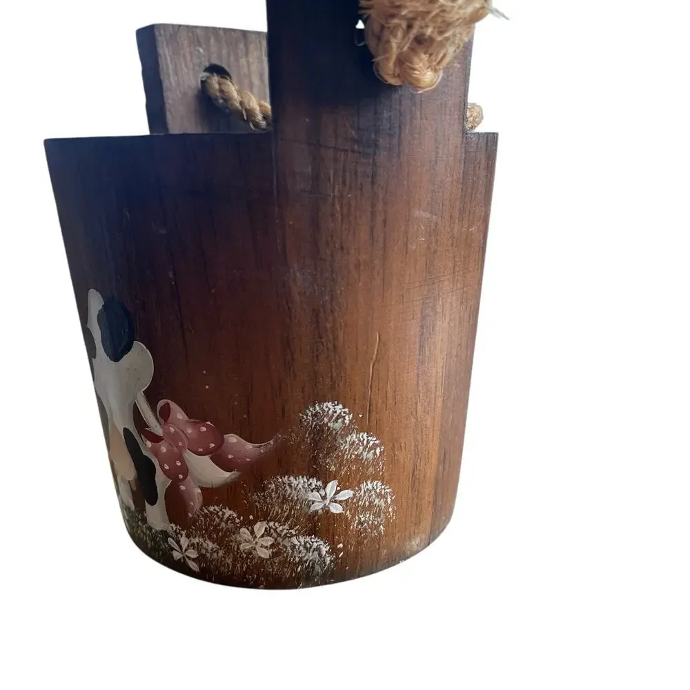 Wooden Bucket Cow Painted Retro 80s Tole Painted Kitsch Handmade Mauve Chic